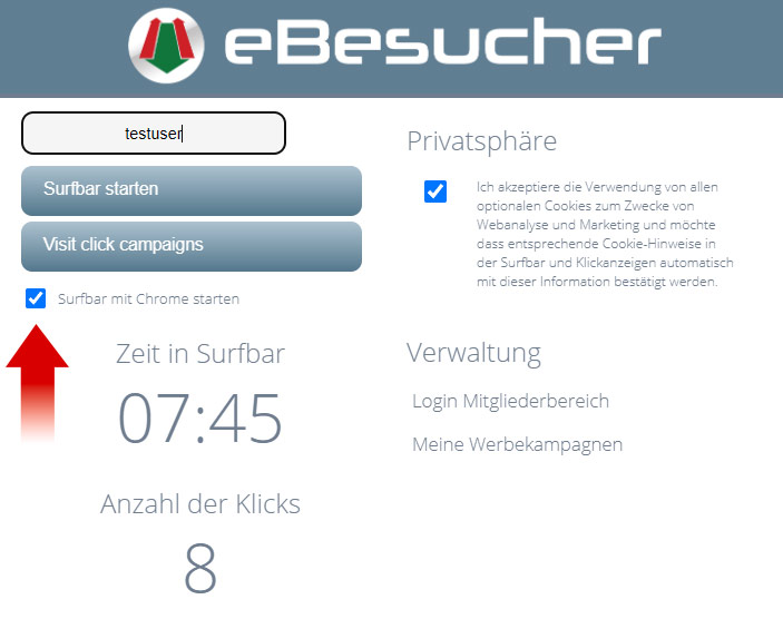 eBesucher Chrome addon with the option Start surfbar with Chrome activated