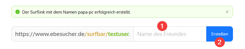 Screenshot: creating a new surflink on the eBesucher surflinks page - enter a name and generate the link