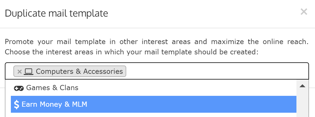 Duplicate mail template in different interest areas