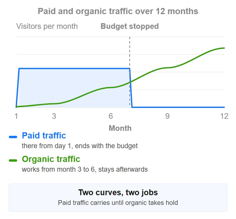 Course over twelve months: paid traffic is there from day 1 and ends with the budget, organic traffic works from month 3 to 6 and stays afterwards