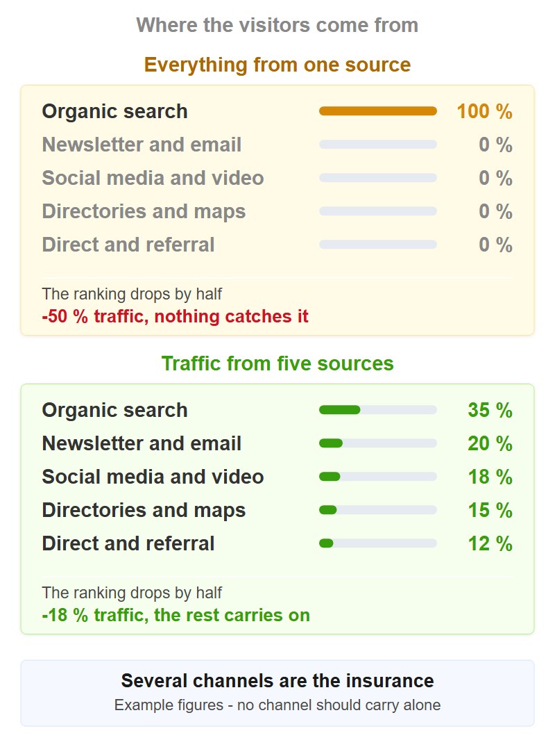 Traffic from one source next to traffic from five sources: if the ranking drops by half, one site is missing 50 percent of all visitors and the other 18 percent