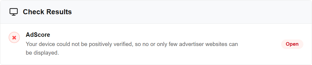 Check result in the diagnosis: AdScore is marked "Open" with the note that the device could not be positively verified